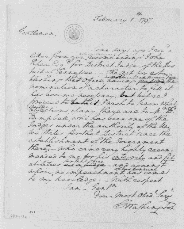 Washington letter to Wlm. Cocke