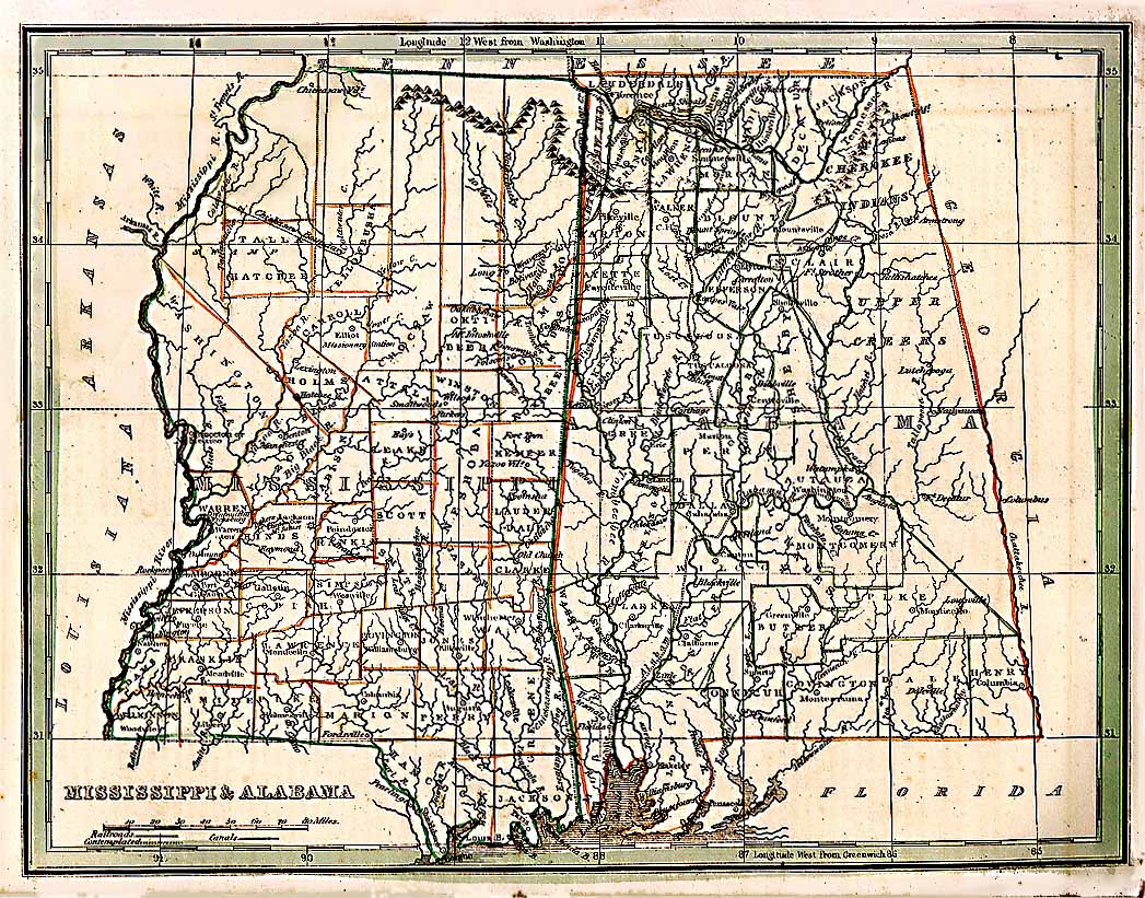Mississippi ~ Alabama  1835 map.