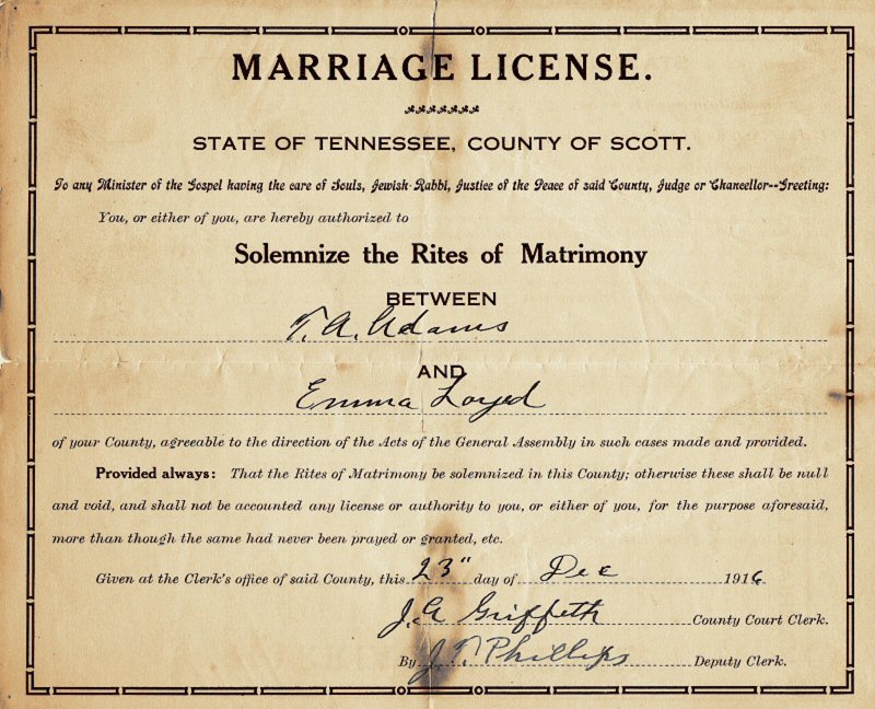 Scott Co, TN Marriages 19111920